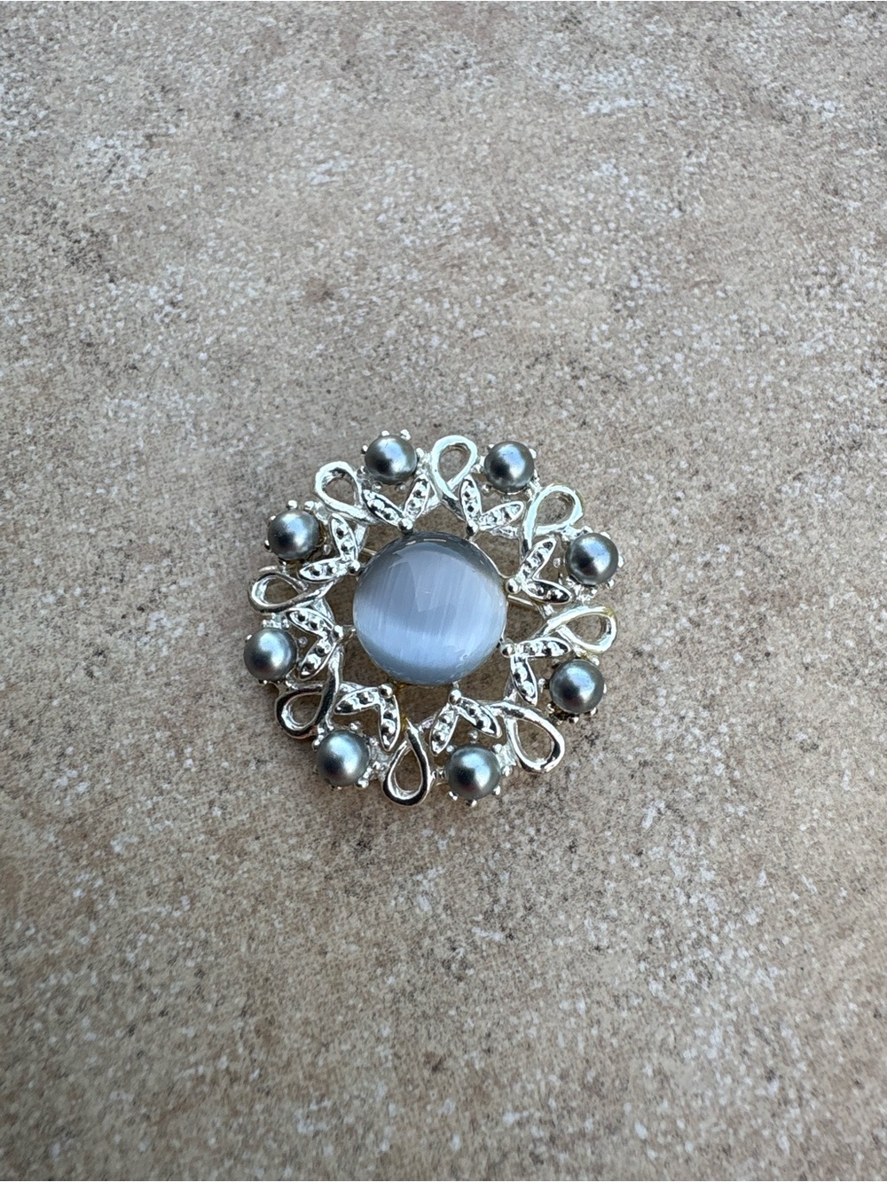 Silver-Tone Floral Cabochon Brooch with Gray tiger eye stones